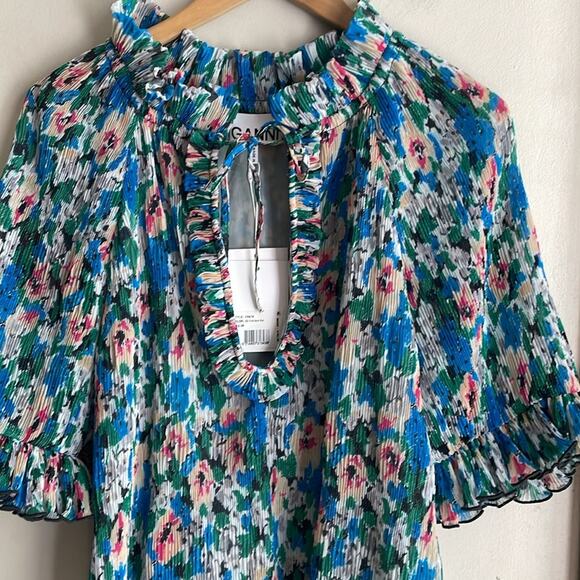 Ganni Pleated Georgette Ruffle V-Neck Blouse in Floral Azure Blue - Picture 4 of 16